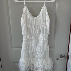Fringe Feather White Dress